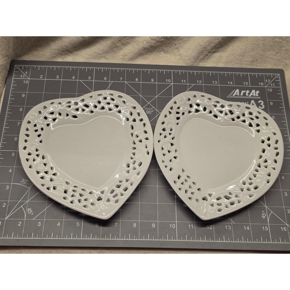 Vintage White Ceramic Heart Trinket Dish Set Pierced Lattice Edge Set of 2